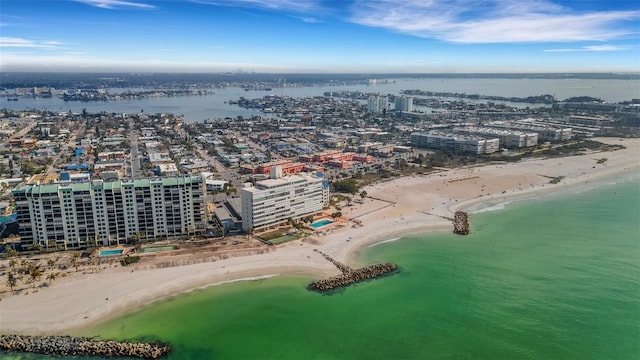 aerial view featuring a water view and a view of the beach