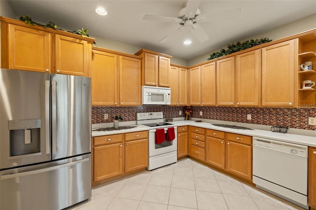 kitchen featuring open shelves, white appliances, tasteful backsplash, and light countertops