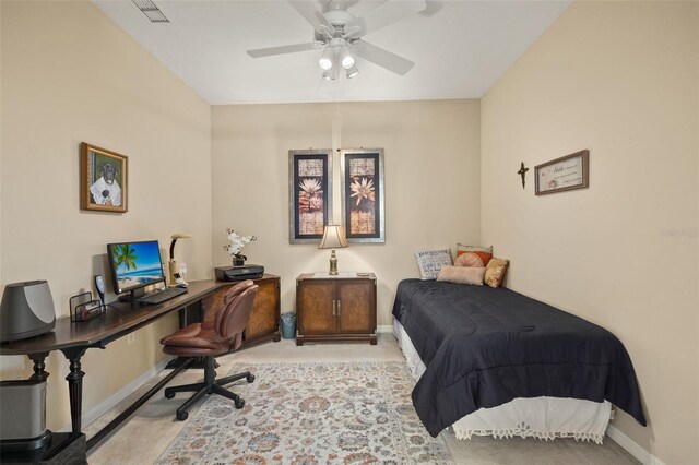 bedroom featuring light colored carpet, visible vents, and baseboards