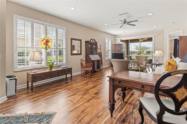 office area with recessed lighting, visible vents, ceiling fan, wood finished floors, and baseboards