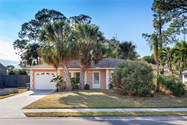 view of front of property with an attached garage, fence, driveway, stucco siding, and a front lawn