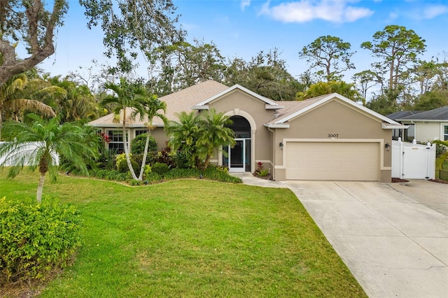 ranch-style home with a garage, concrete driveway, a front lawn, and stucco siding