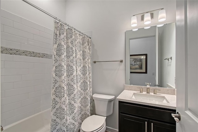 full bath featuring toilet, shower / tub combo, and vanity