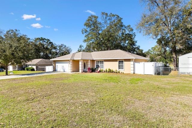 ranch-style house featuring stucco siding, an attached garage, fence, driveway, and a front lawn