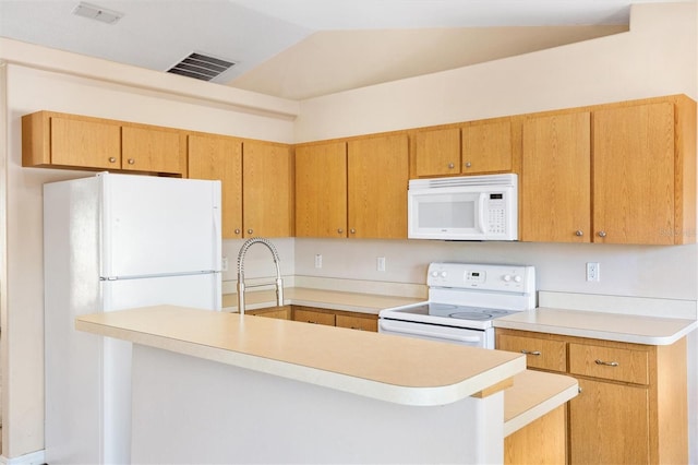 kitchen with white appliances, visible vents, lofted ceiling, a peninsula, and light countertops