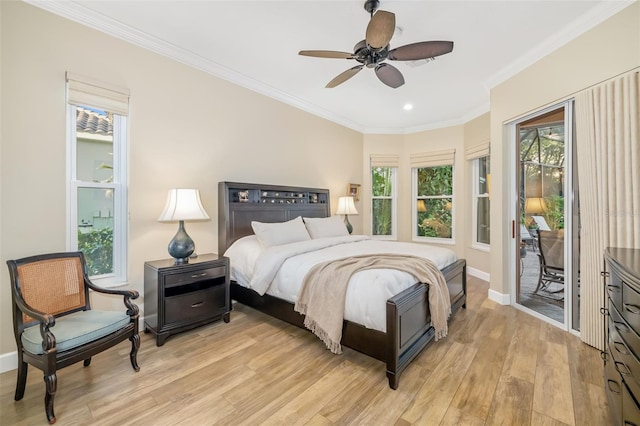 bedroom with light wood-type flooring, baseboards, access to exterior, and crown molding