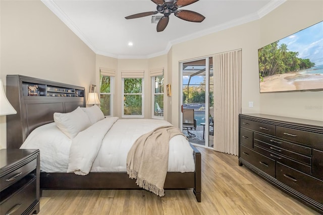 bedroom with access to exterior, crown molding, ceiling fan, recessed lighting, and light wood-style floors