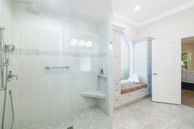 bathroom featuring walk in shower, ensuite bath, and ornamental molding