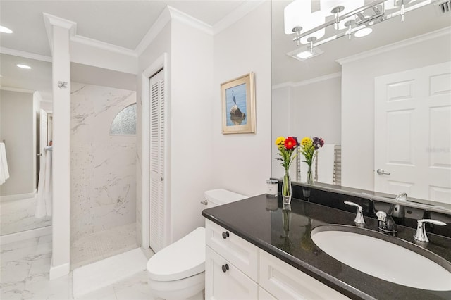 bathroom featuring vanity, crown molding, toilet, and marble finish floor