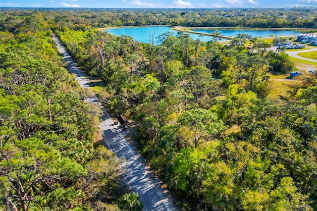 drone / aerial view with a forest view and a water view