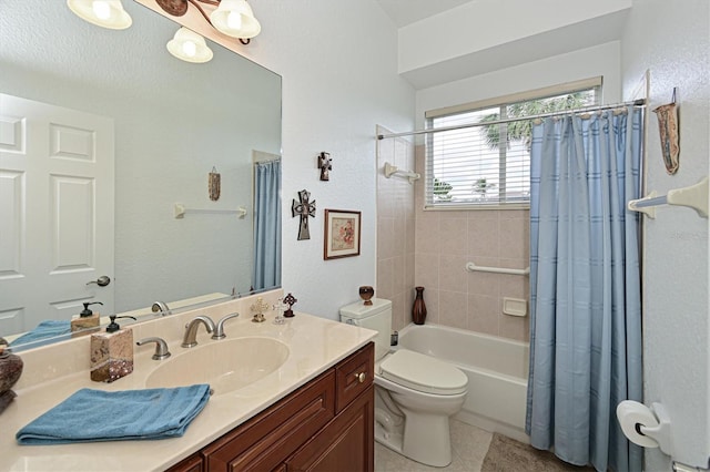 bathroom with tile patterned flooring, shower / bathtub combination with curtain, toilet, and vanity