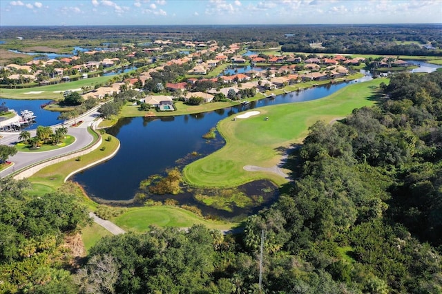 bird's eye view with golf course view and a water view