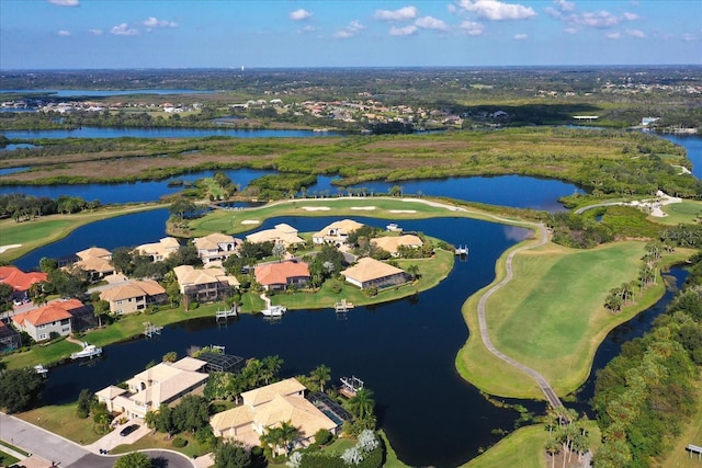 bird's eye view with a residential view, a water view, and golf course view