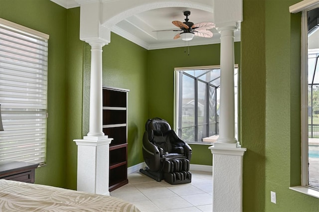 10509 Winding Stream Way, Bradenton, FL 34212 - tiled bedroom featuring ornate columns, ornamental molding, baseboards, arched walkways, and ceiling fan