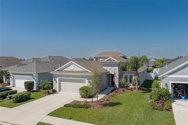 view of front of property featuring an attached garage, fence, driveway, stucco siding, and a front lawn