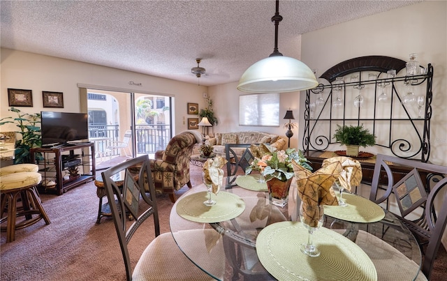 carpeted dining room featuring a textured ceiling and a healthy amount of sunlight