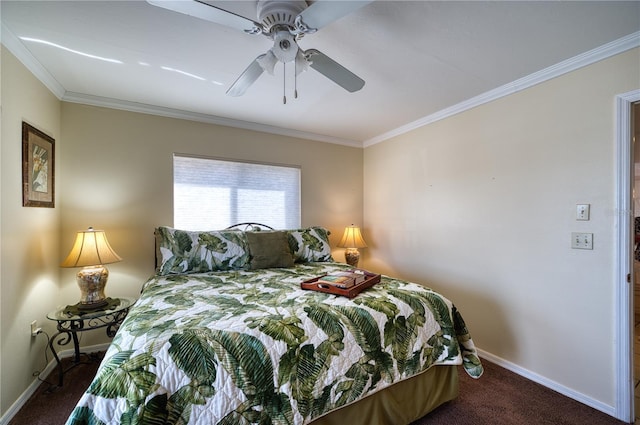 carpeted bedroom featuring a ceiling fan, crown molding, and baseboards