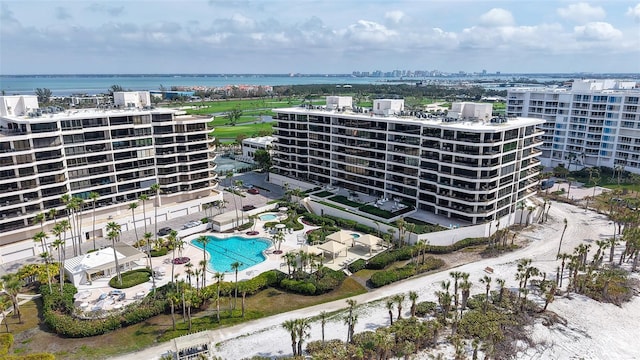 aerial view featuring a water view and a view of city