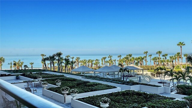 water view featuring a gazebo and fence