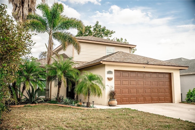 view of front facade with driveway, a shingled roof, an attached garage, a front lawn, and stucco siding