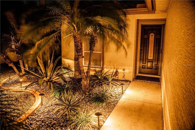 doorway to property with stucco siding