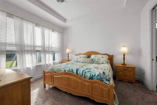 bedroom with a tray ceiling and carpet flooring