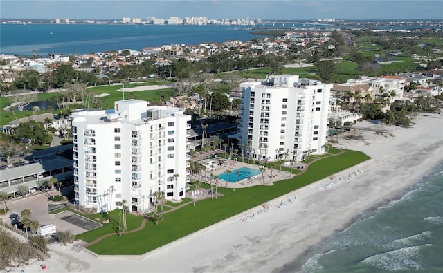 aerial view featuring a water view and a view of city