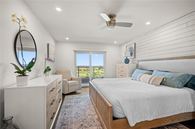 bedroom featuring a ceiling fan, light wood-style flooring, and recessed lighting