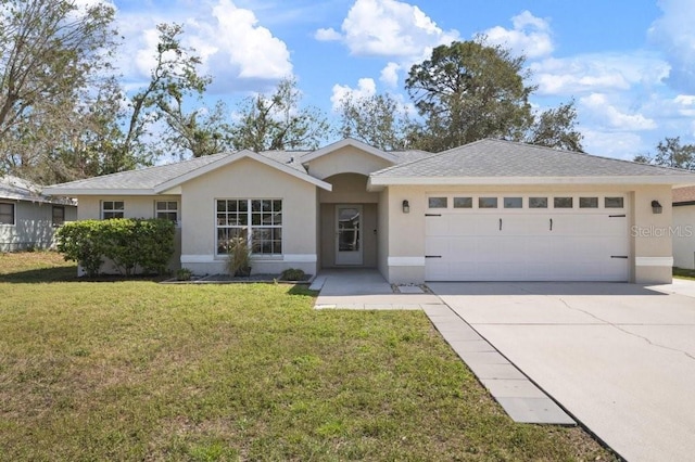 ranch-style home with a front yard, driveway, an attached garage, and stucco siding