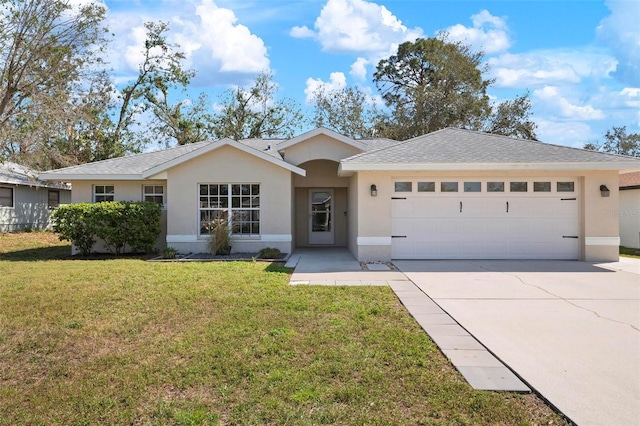 ranch-style house with an attached garage, driveway, a front yard, and stucco siding