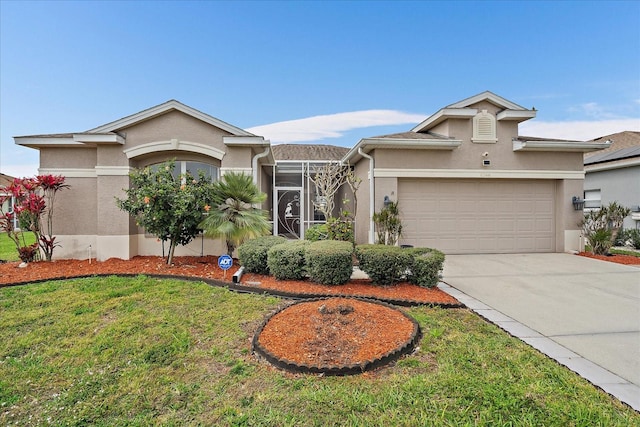 view of front of house with a garage, driveway, a lanai, and stucco siding