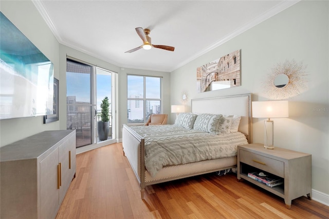 bedroom featuring baseboards, ceiling fan, access to exterior, crown molding, and light wood-style floors