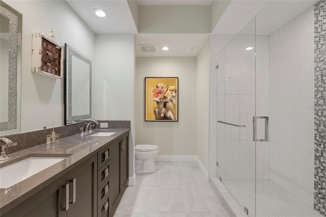 full bathroom with toilet, a sink, visible vents, and a shower stall