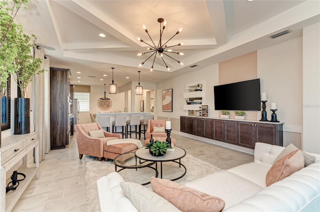 living room with an inviting chandelier and beam ceiling