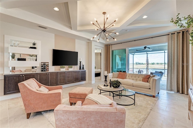 living room featuring coffered ceiling, an inviting chandelier, and beam ceiling