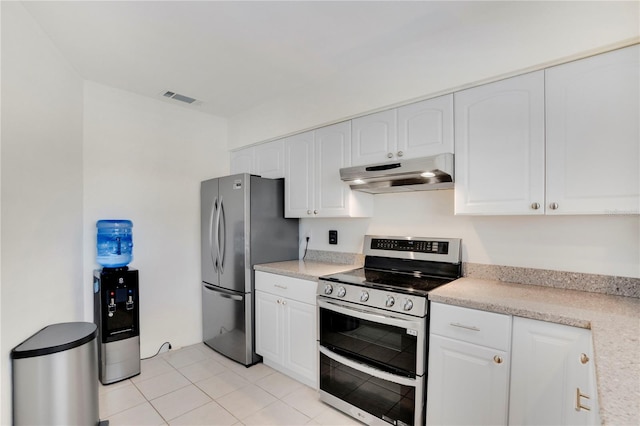 kitchen featuring visible vents, stainless steel appliances, light countertops, under cabinet range hood, and white cabinetry