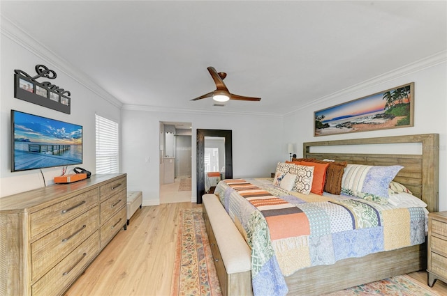 bedroom featuring ceiling fan, light wood-style flooring, baseboards, and ornamental molding