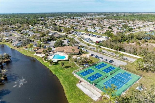 aerial view featuring a water view and a residential view