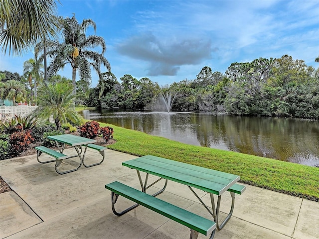 surrounding community featuring a lawn and a water view