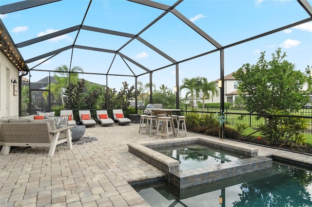 exterior space featuring a pool with hot tub, a lanai, outdoor lounge area, and a bar