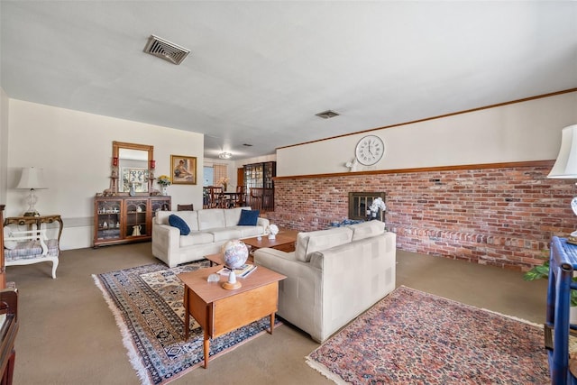 living area featuring light colored carpet, visible vents, and brick wall