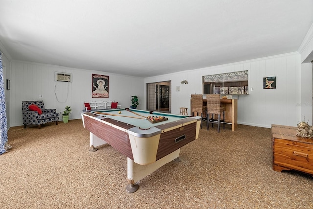 recreation room with ornamental molding, an AC wall unit, pool table, and a dry bar