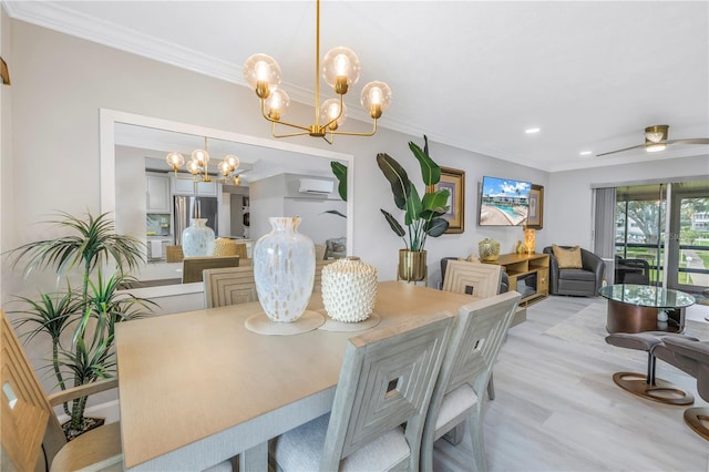 dining space with crown molding, light wood finished floors, recessed lighting, an AC wall unit, and ceiling fan with notable chandelier