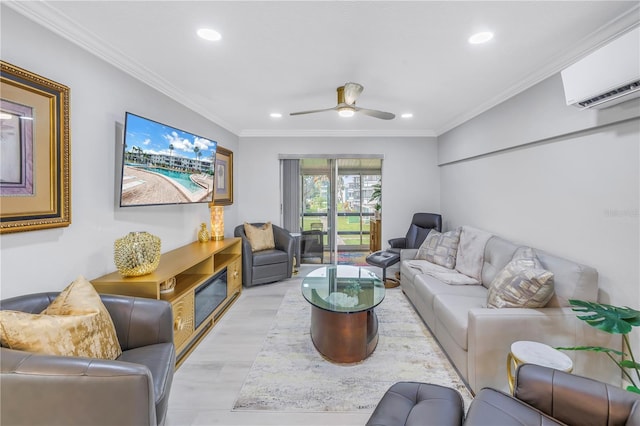 living room with ornamental molding, recessed lighting, a wall unit AC, and light wood finished floors