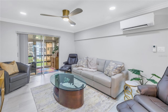 living room featuring a wall unit AC, ceiling fan, ornamental molding, and recessed lighting