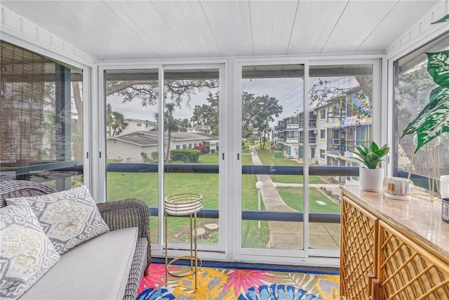 sunroom with wood ceiling