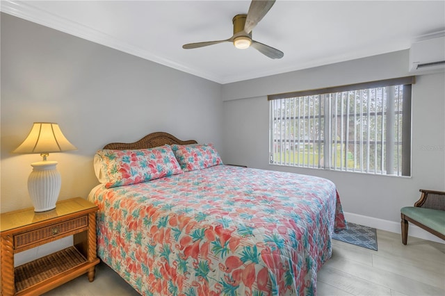 bedroom featuring an AC wall unit, crown molding, baseboards, and ceiling fan