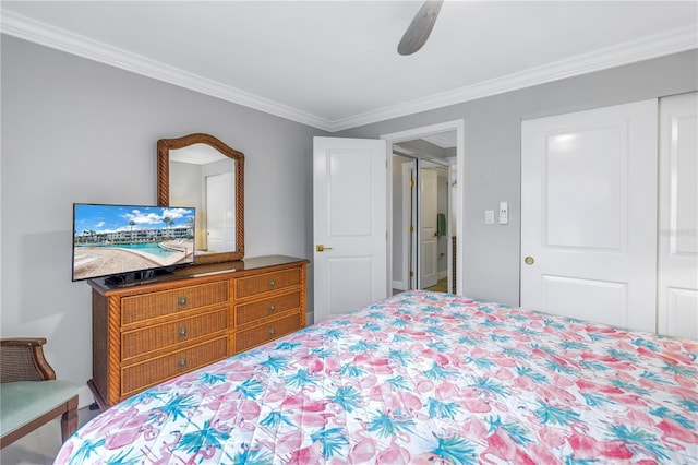 bedroom featuring ornamental molding and ceiling fan