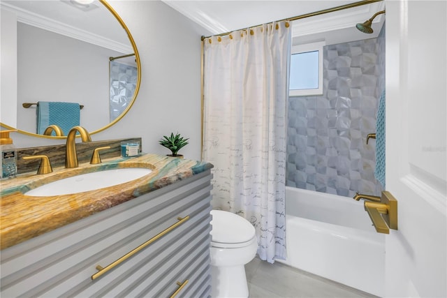 bathroom with crown molding, shower / bathtub combination with curtain, toilet, vanity, and tile patterned floors