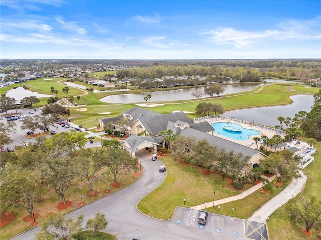 aerial view with a water view and golf course view